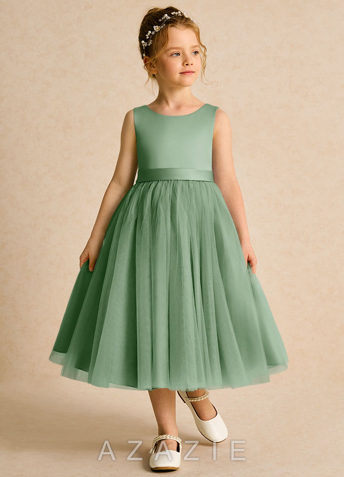 Azazie Pear Matcha Ball-Gown Bow Tulle Dress matcha