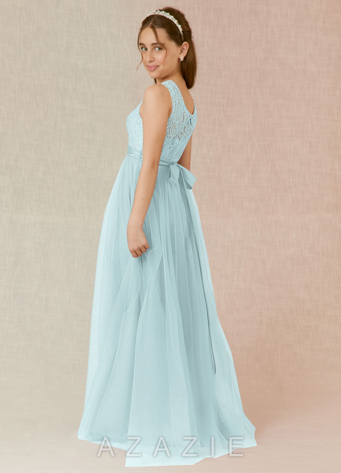 Azazie Georgette Junior Mist A-Line Lace Tulle Dress mist