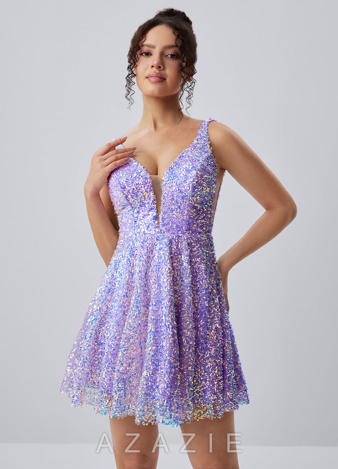 Manon Purple V-Neck Iridescent Sequin Skater Mini Dress
