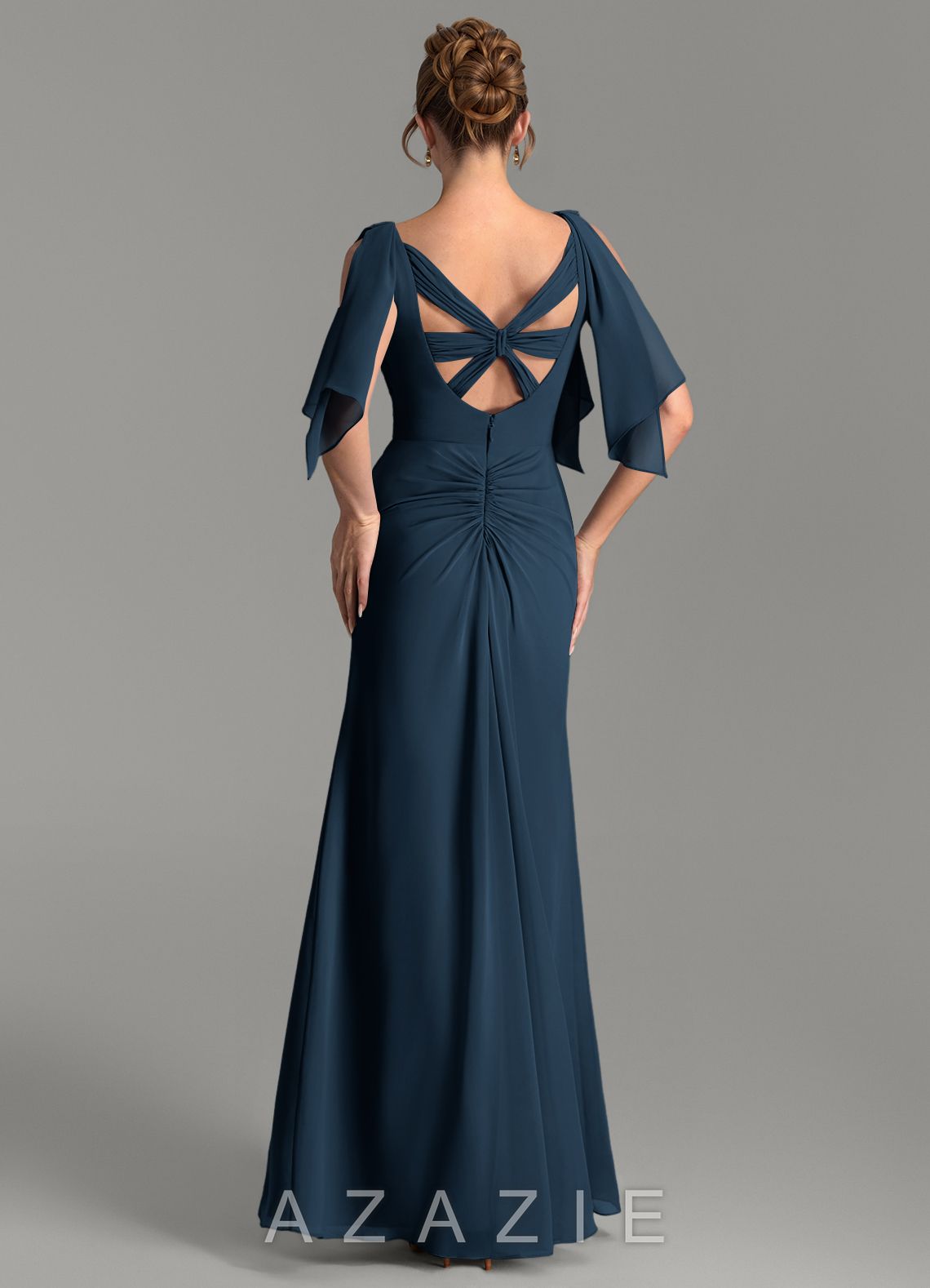 Azazie Ember Dark Navy Sheath Pleated Chiffon Dress dark_navy