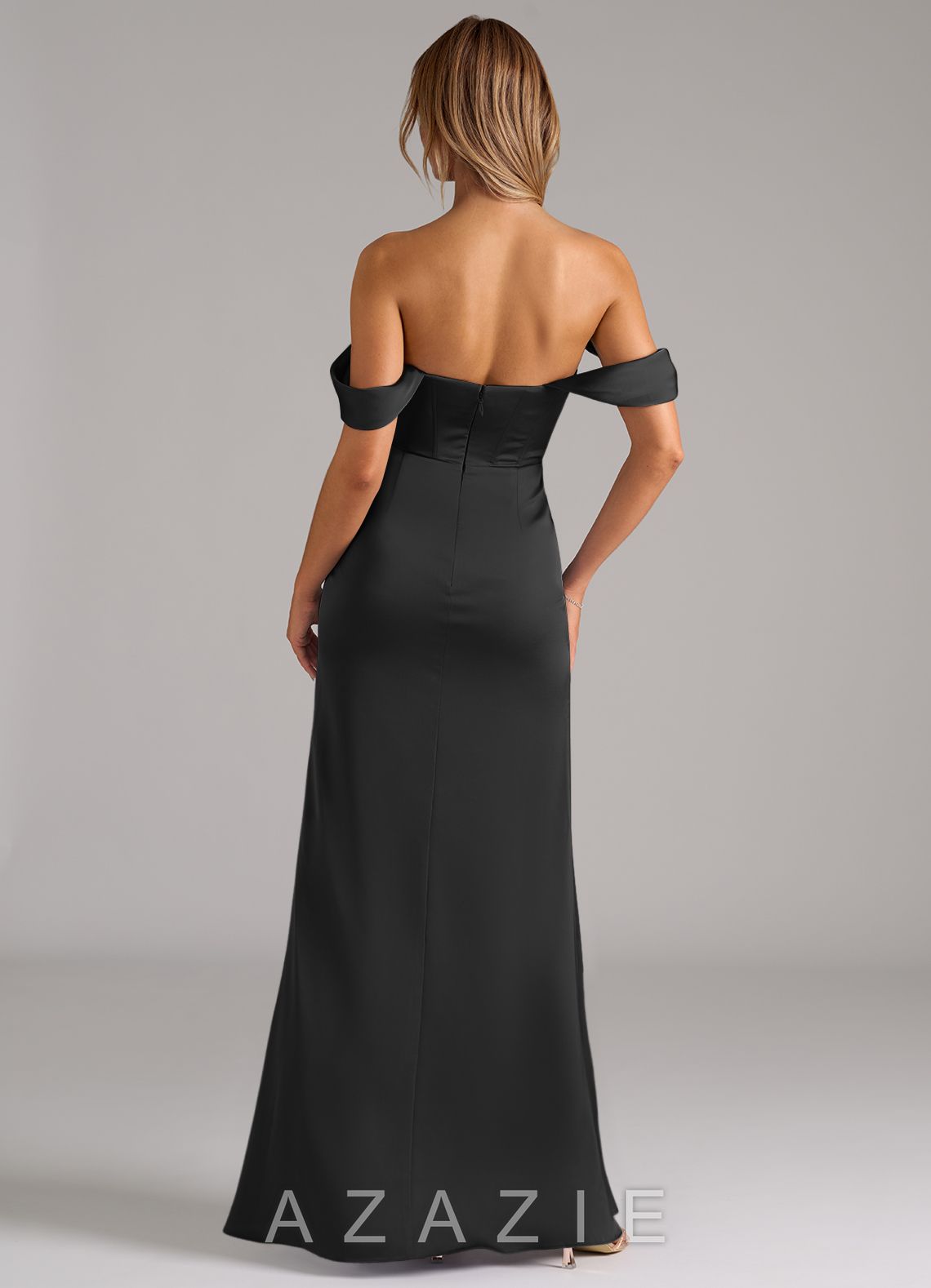 Azazie Johana Black Mermaid Off the Shoulder Stretch Satin Convertible Dress black