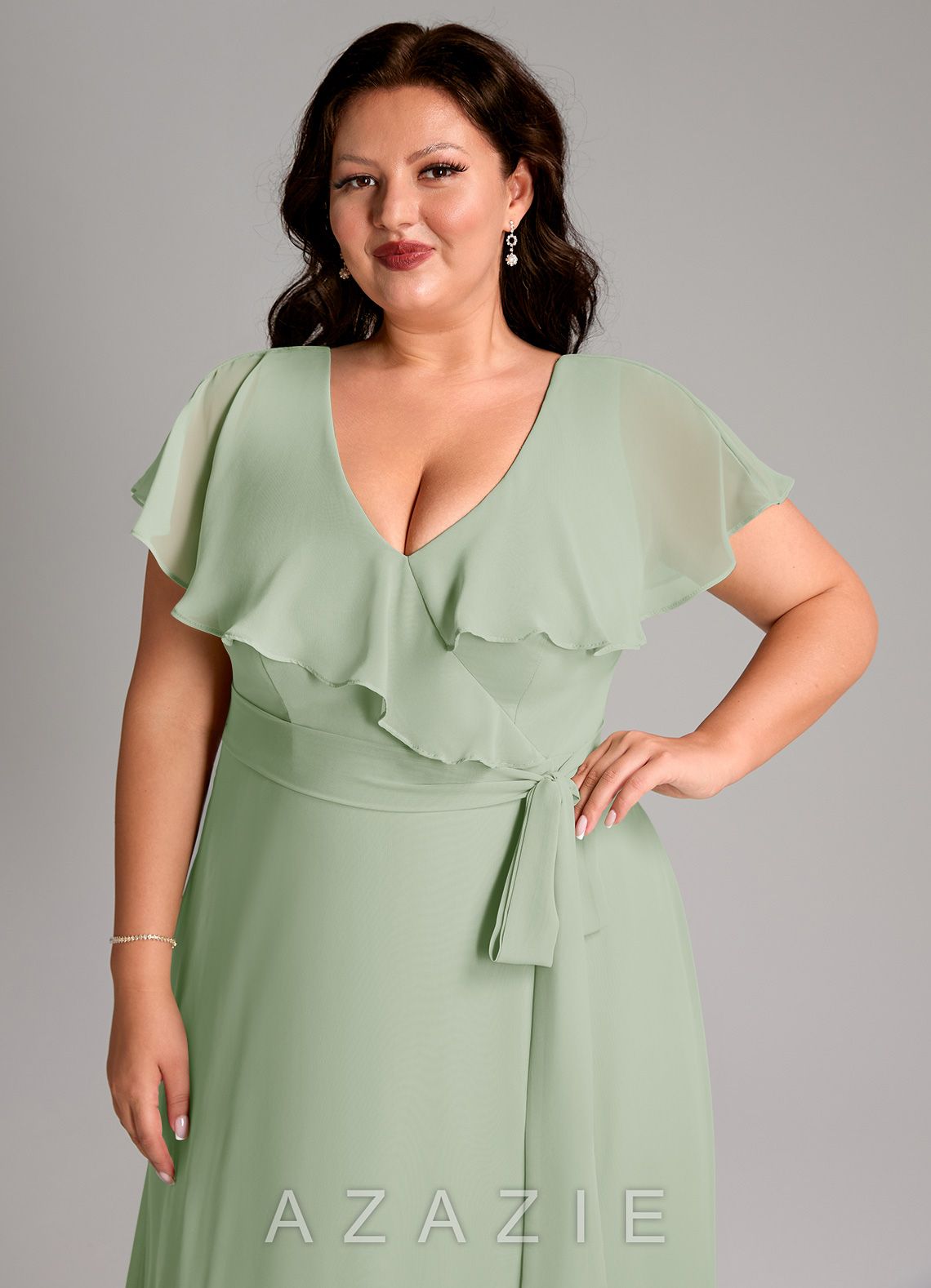 Azazie Lainey Dusty Sage A-Line with Pockets Chiffon Dress dusty_sage