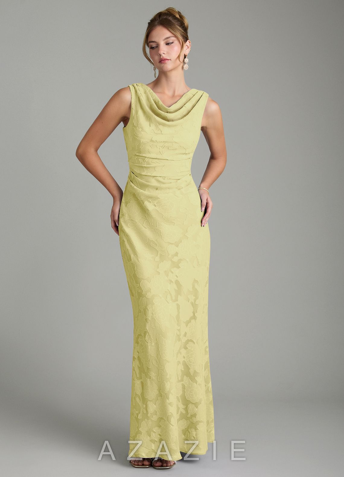 Azazie Kieryn Lemon Sorbet Mermaid Pleated Floral Burnout Dress