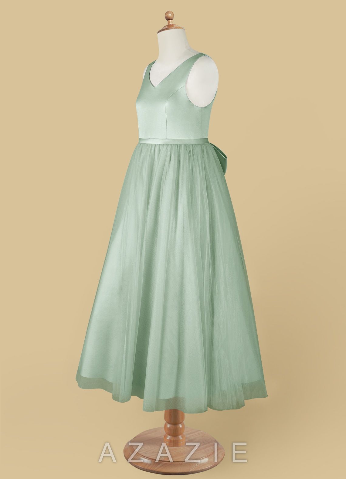 Azazie Marybell Agave A-Line Bow Tulle Dress agave