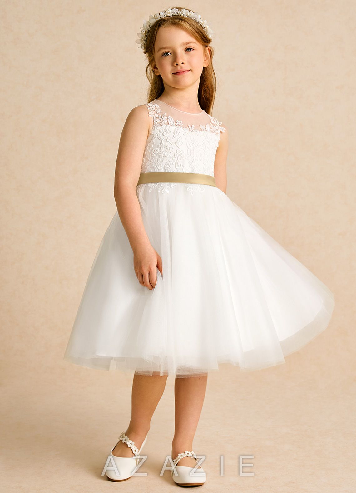 Azazie Lettie Ivory Gold Ball-Gown Lace Dress ivory/gold