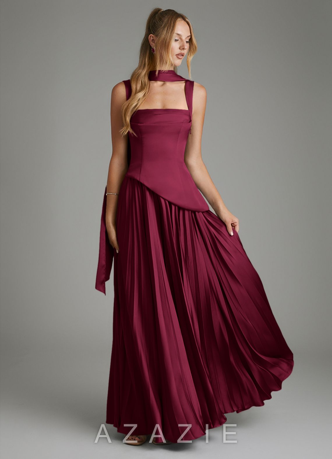 Azazie Stephanie Burgundy A-Line Corset Stretch Satin Dress burgundy