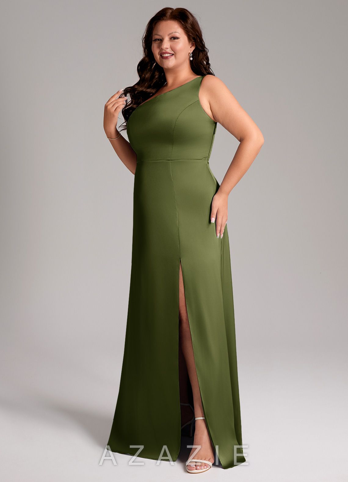 Azazie Phaedra Olive A-Line One Shoulder Stretch Satin Dress olive