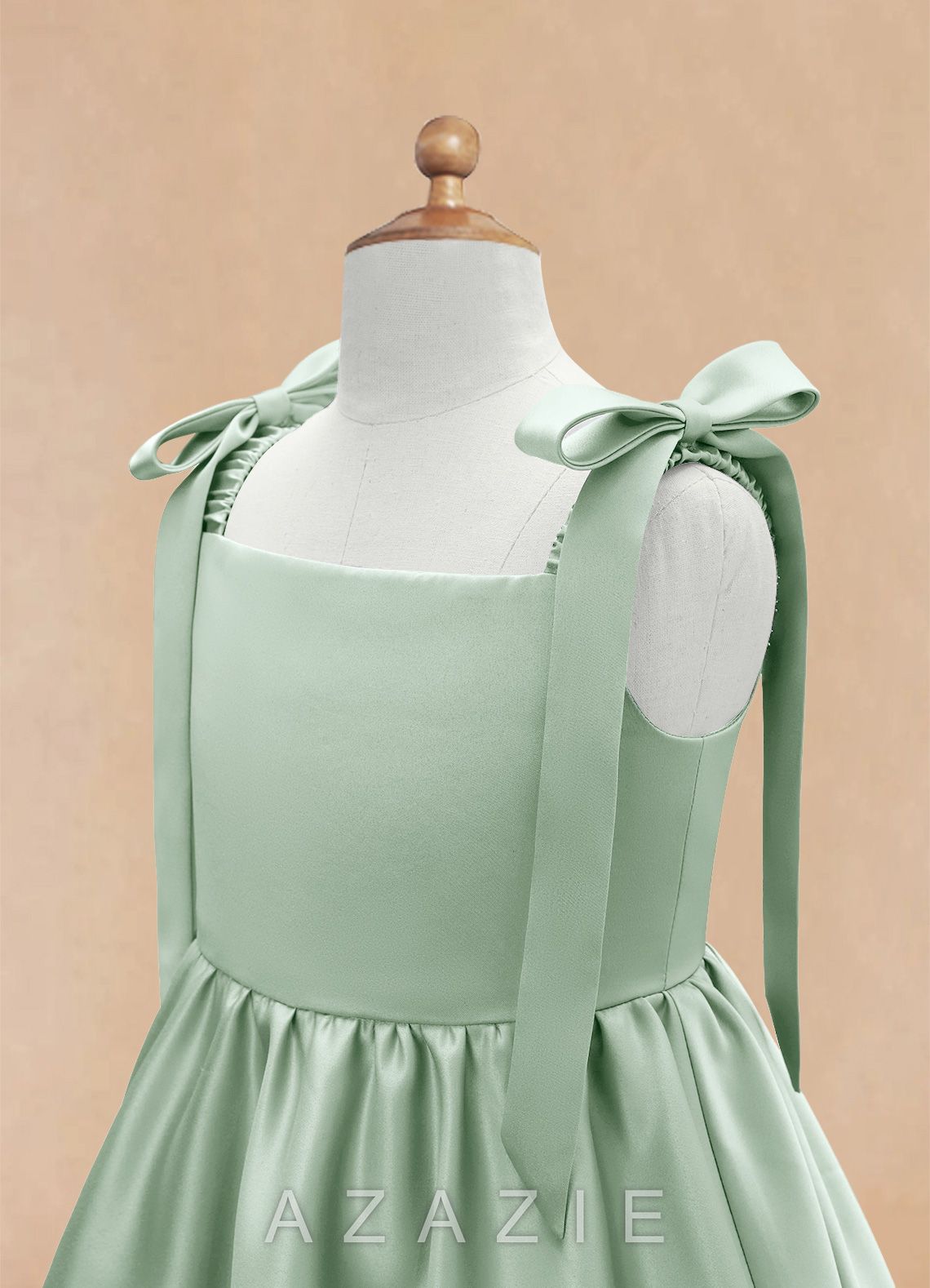 Azazie Chelsie Agave A-Line Bow Matte Satin Dress agave
