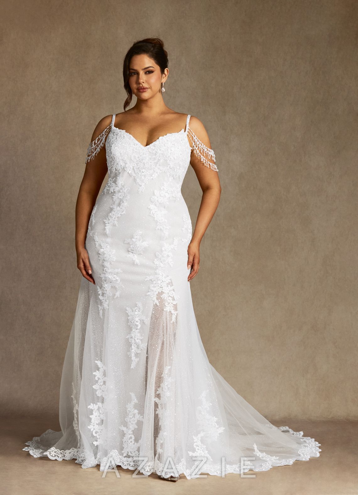 Azazie Saskia Wedding Dress Diamond White Mermaid Sequins Tulle Dress diamond_white