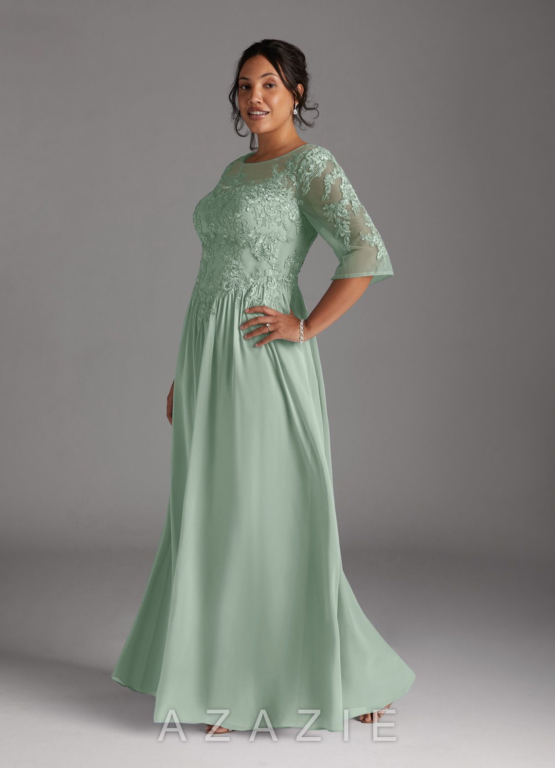Azazie Mirielle Agave A-Line Scoop Lace Chiffon Dress agave