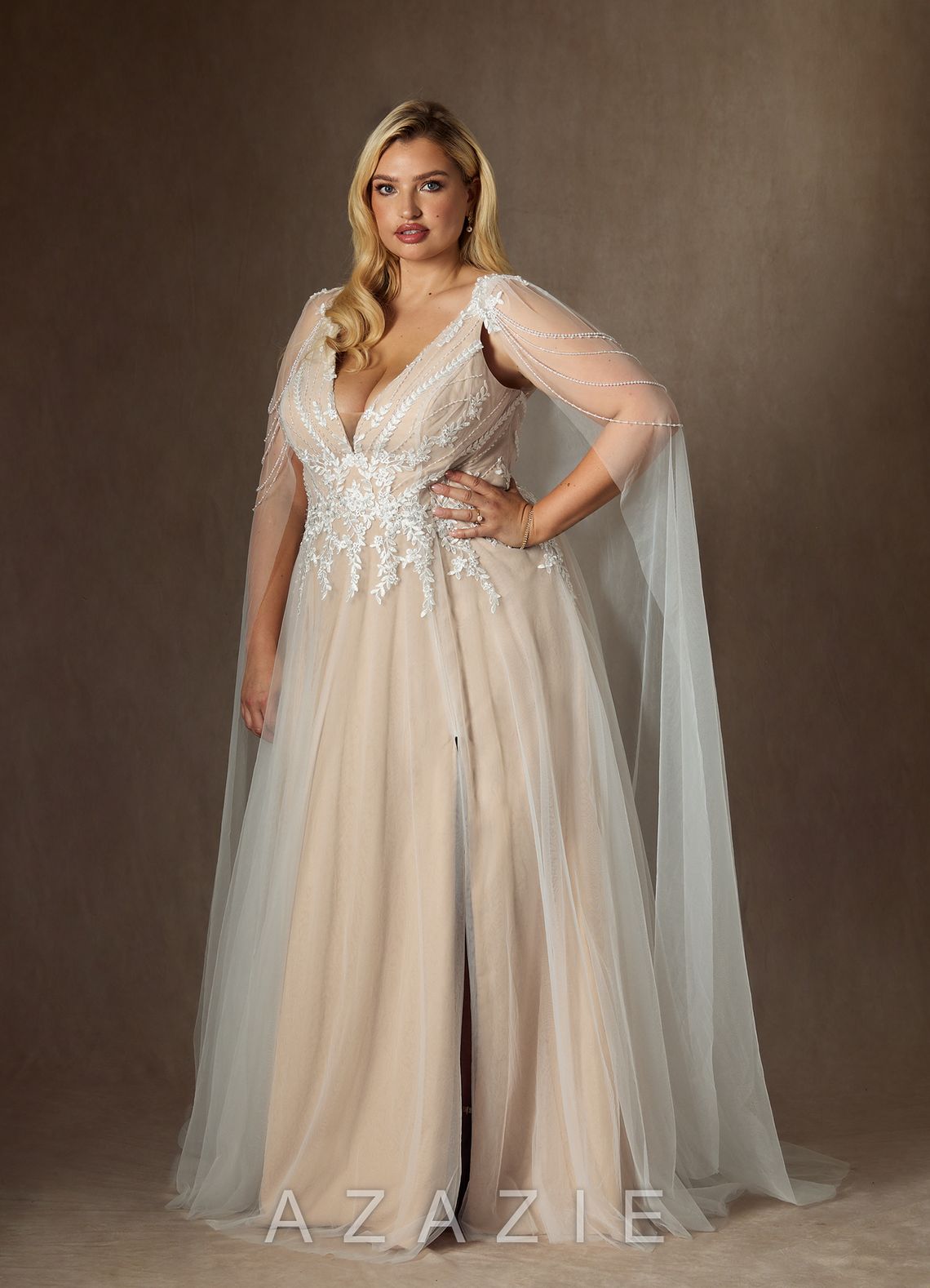 Azazie Goddess Wedding Dress Diamond White Champagne A-Line V-Neck Sequins Tulle Dress diamond_white/champagne