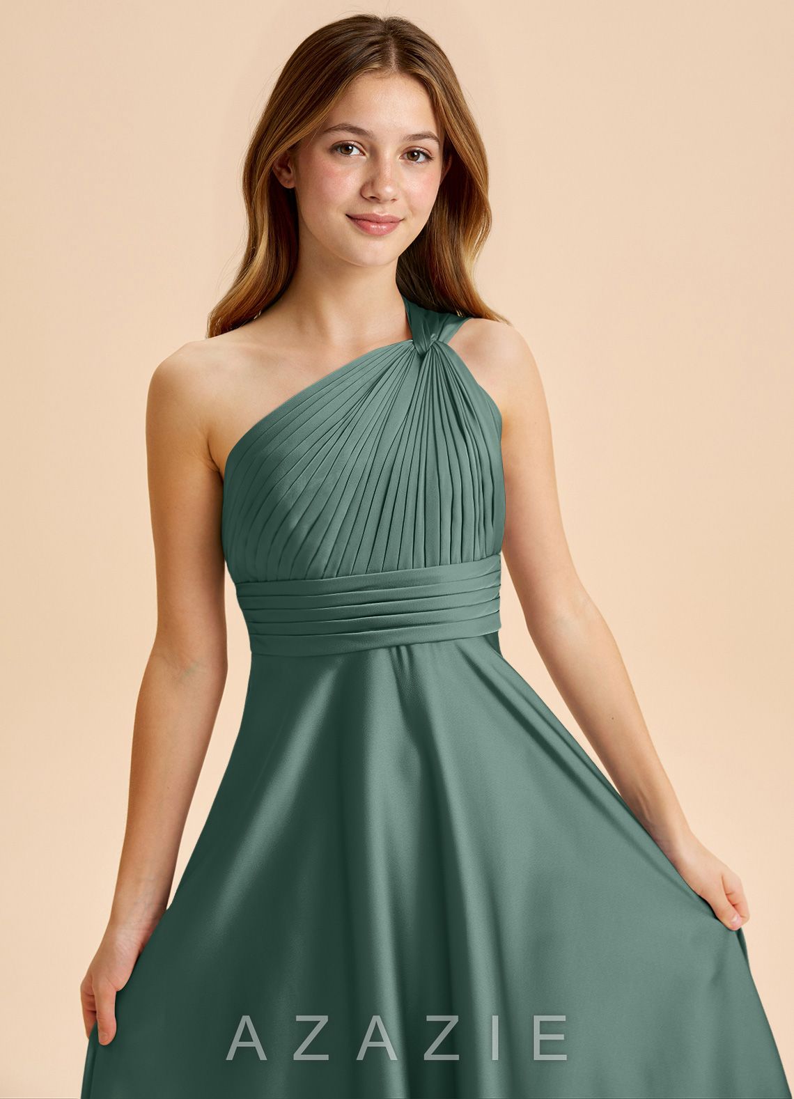 Azazie Charlize Junior Eucalyptus A-Line Pleated Stretch Satin Dress eucalyptus
