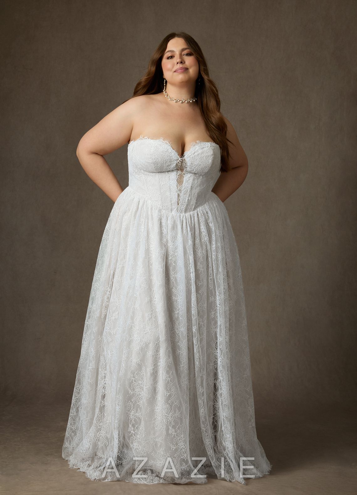 Azazie Lorena Diamond White A-Line Strapless Lace Dress