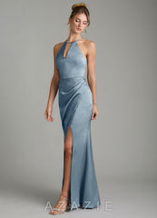 Azazie Aidyn Dusty Blue Sheath Pleated Stretch Satin Dress dusty_blue