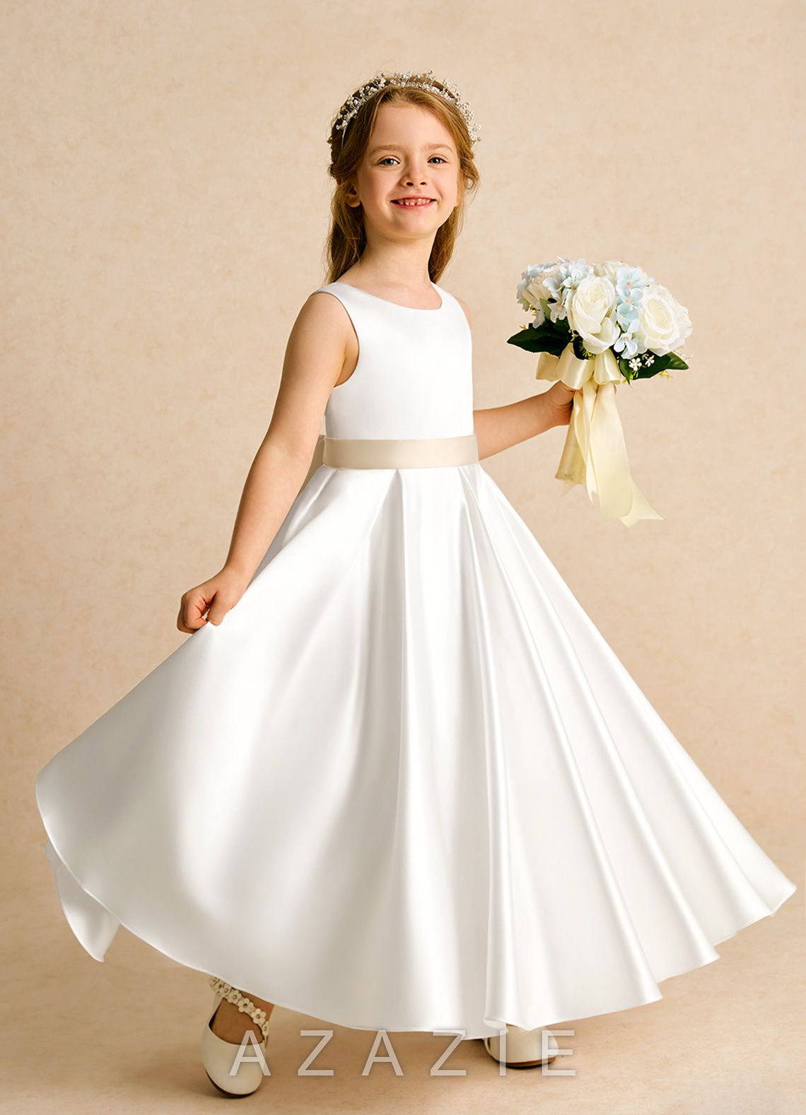Azazie Cherry Ivory Champagne Ball-Gown Pleated Matte Satin Dress ivory/champagne