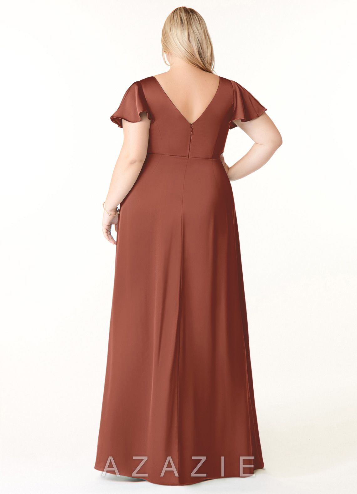 Azazie Soren Auburn A-Line Pleated Stretch Satin Dress auburn