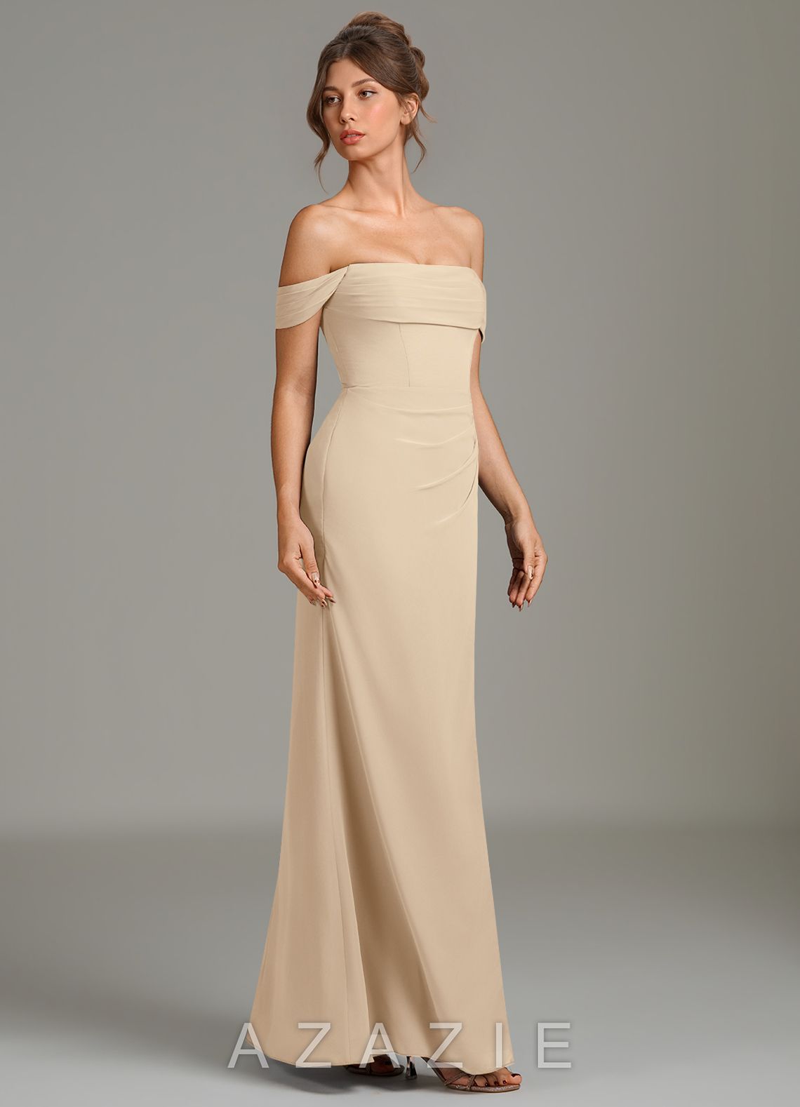 Azazie Jalice Champagne Mermaid Off the Shoulder Chiffon Dress champagne