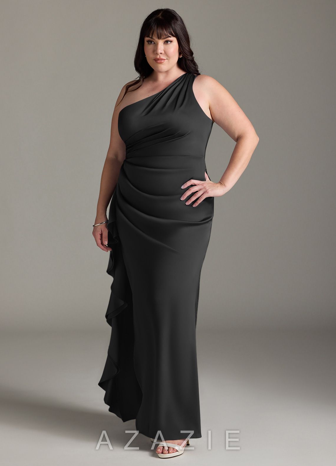 Azazie Latrice Black Sheath One Shoulder Cascading Ruffles Stretch Satin Dress black