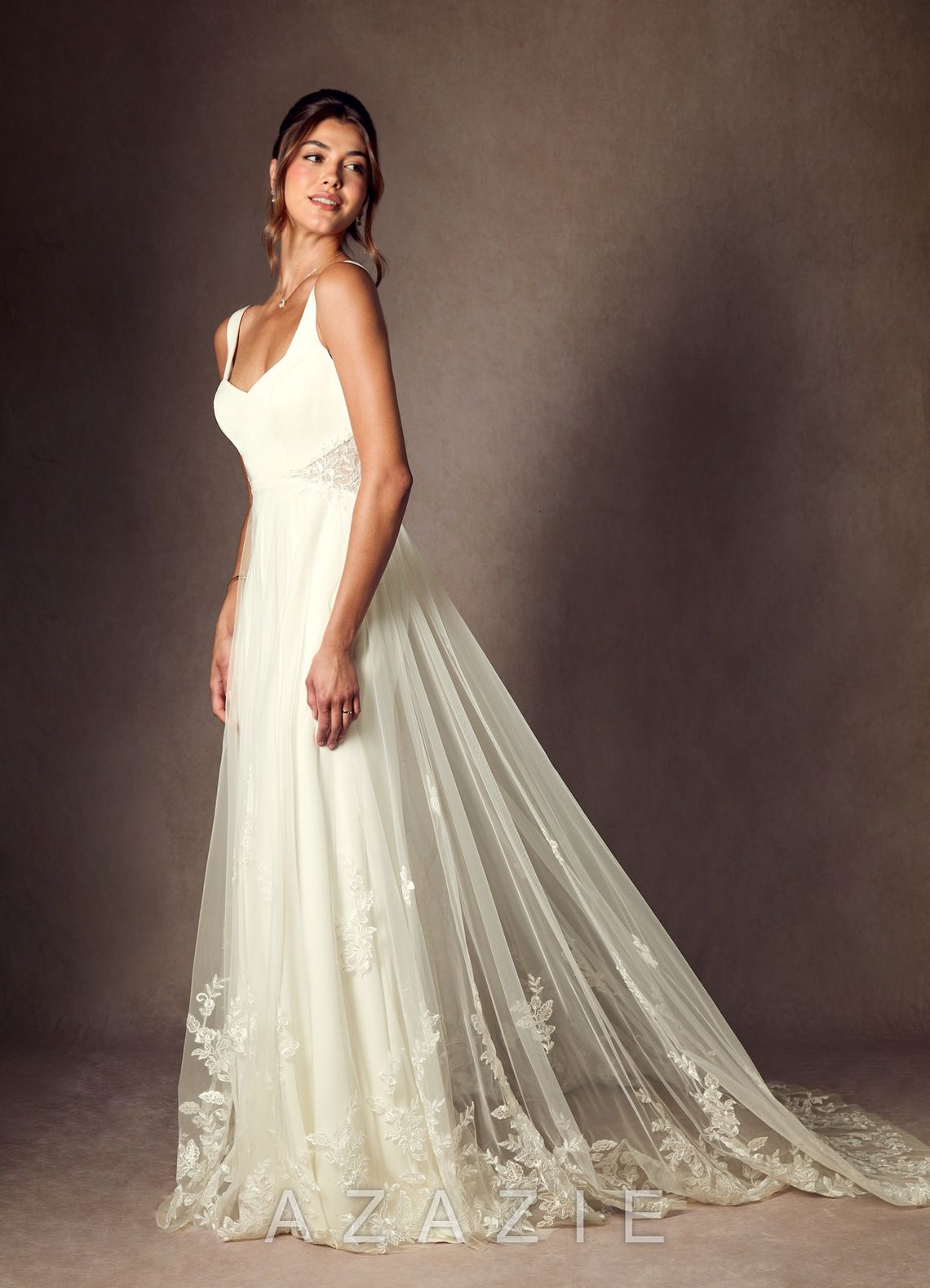 Azazie Ebony Wedding Dress Cream A-Line Sequins Crepe Back Satin Dress cream