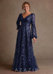 Azazie Mazie Dark Navy A-Line Lace Tulle Dress