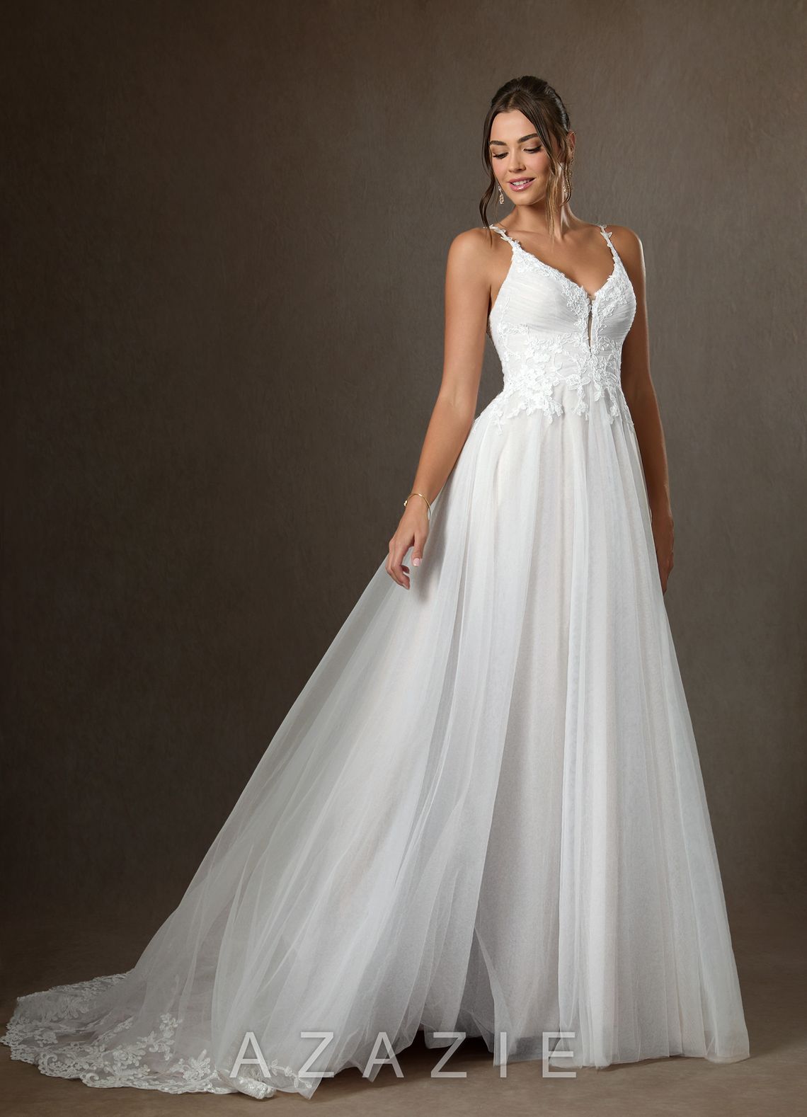 Azazie Devi Wedding Dress Diamond White A-Line V-Neck Lace Tulle Dress diamond_white