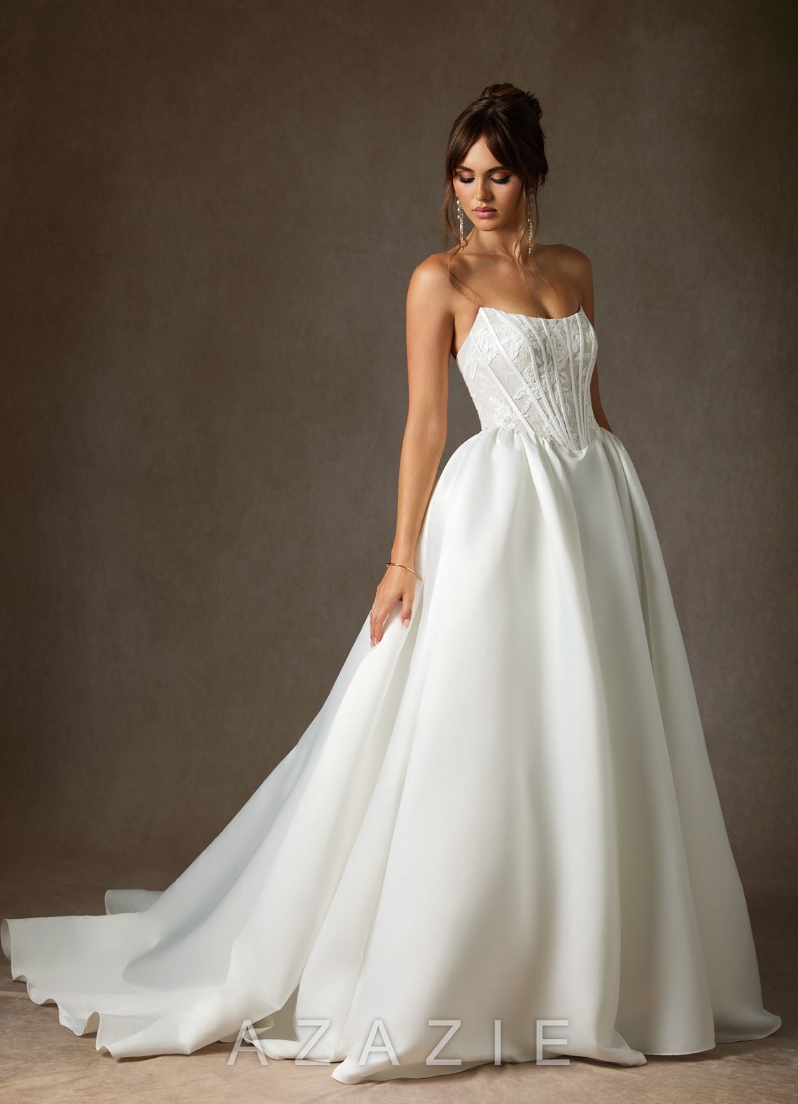 Azazie Mirabeth Diamond White Ball-Gown Strapless Lace Dress diamond_white