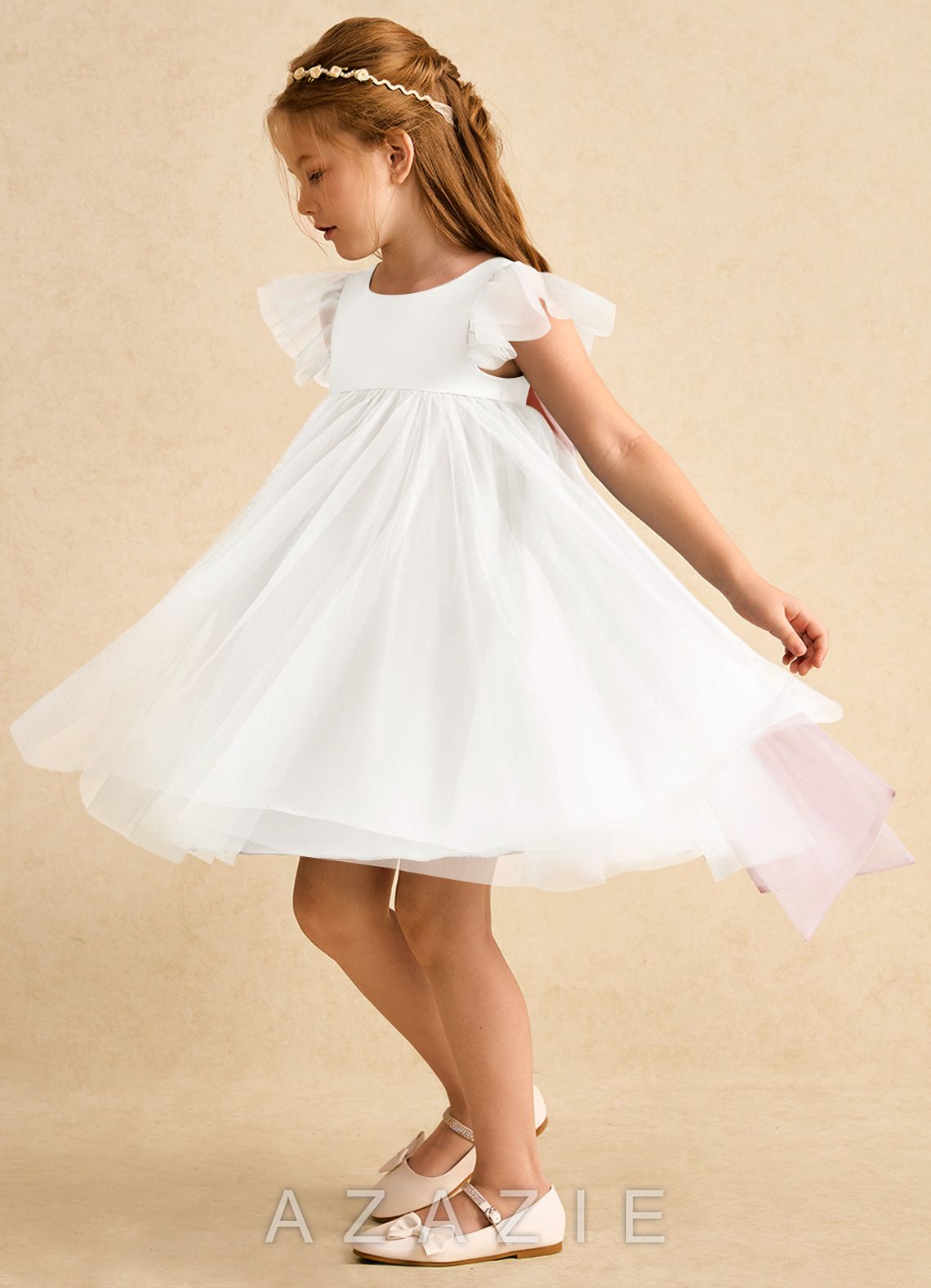 Azazie Munchkin Ivory Blushing Pink A-Line Bow Tulle Dress ivory/blushing_pink