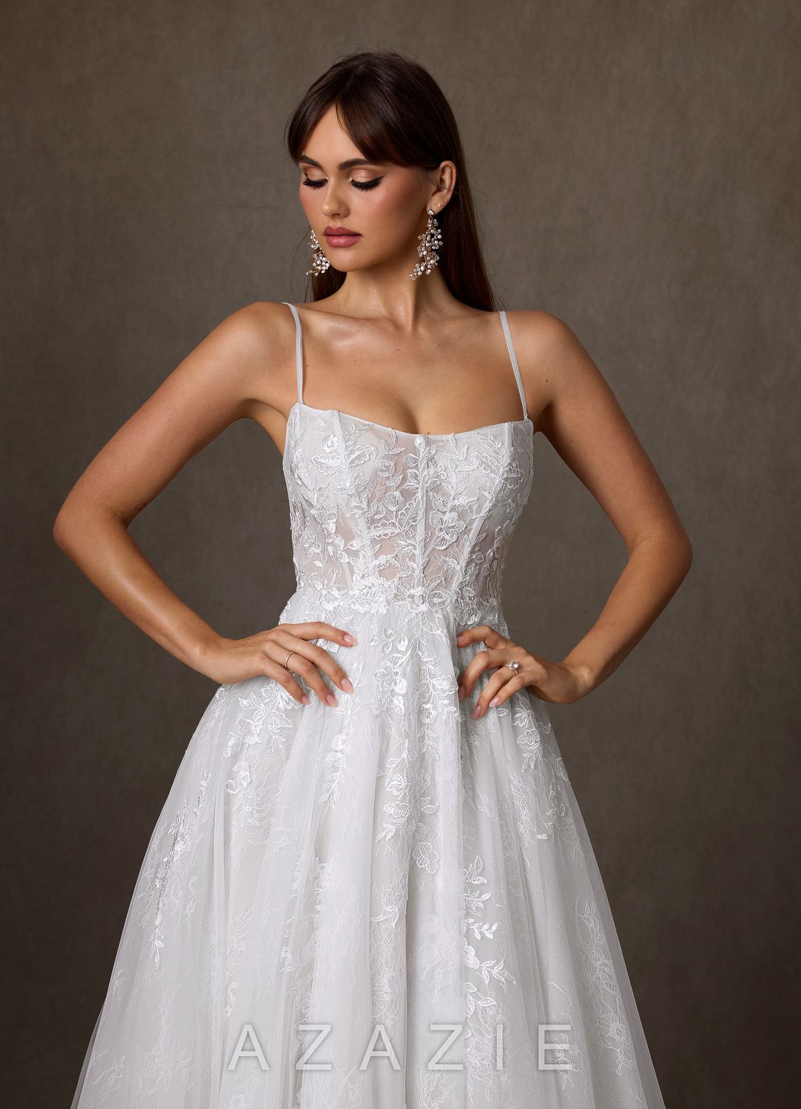 Azazie Elowyn Diamond White Ball-Gown Strapless Lace Dress diamond_white