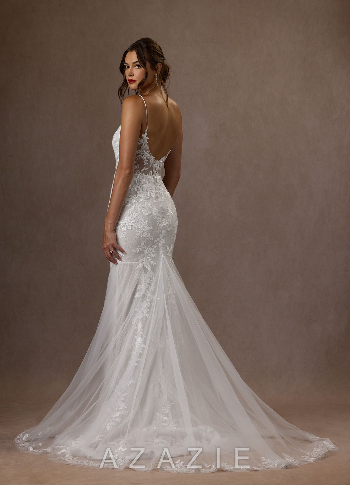 Azazie Leonie Wedding Dress Diamond White Mermaid V-Neck Sequins Tulle Dress diamond_white
