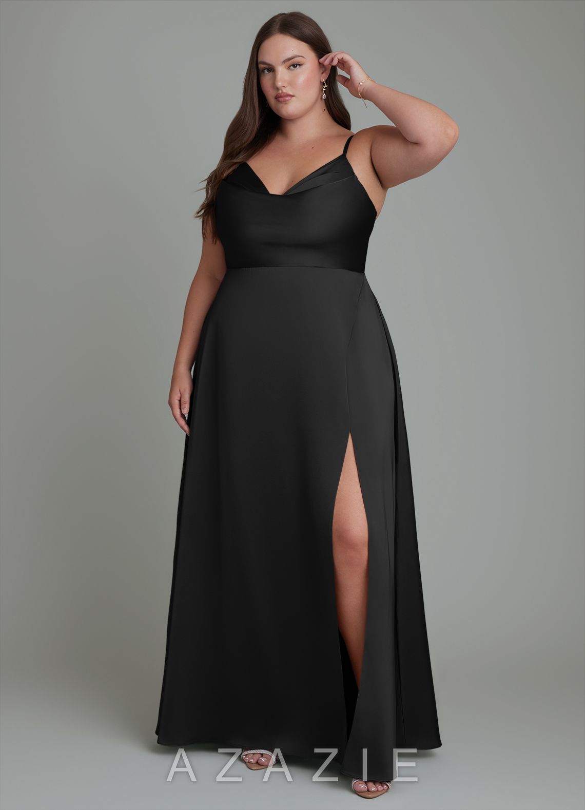 Azazie Sarella Black A-Line Pleated Stretch Satin Dress black