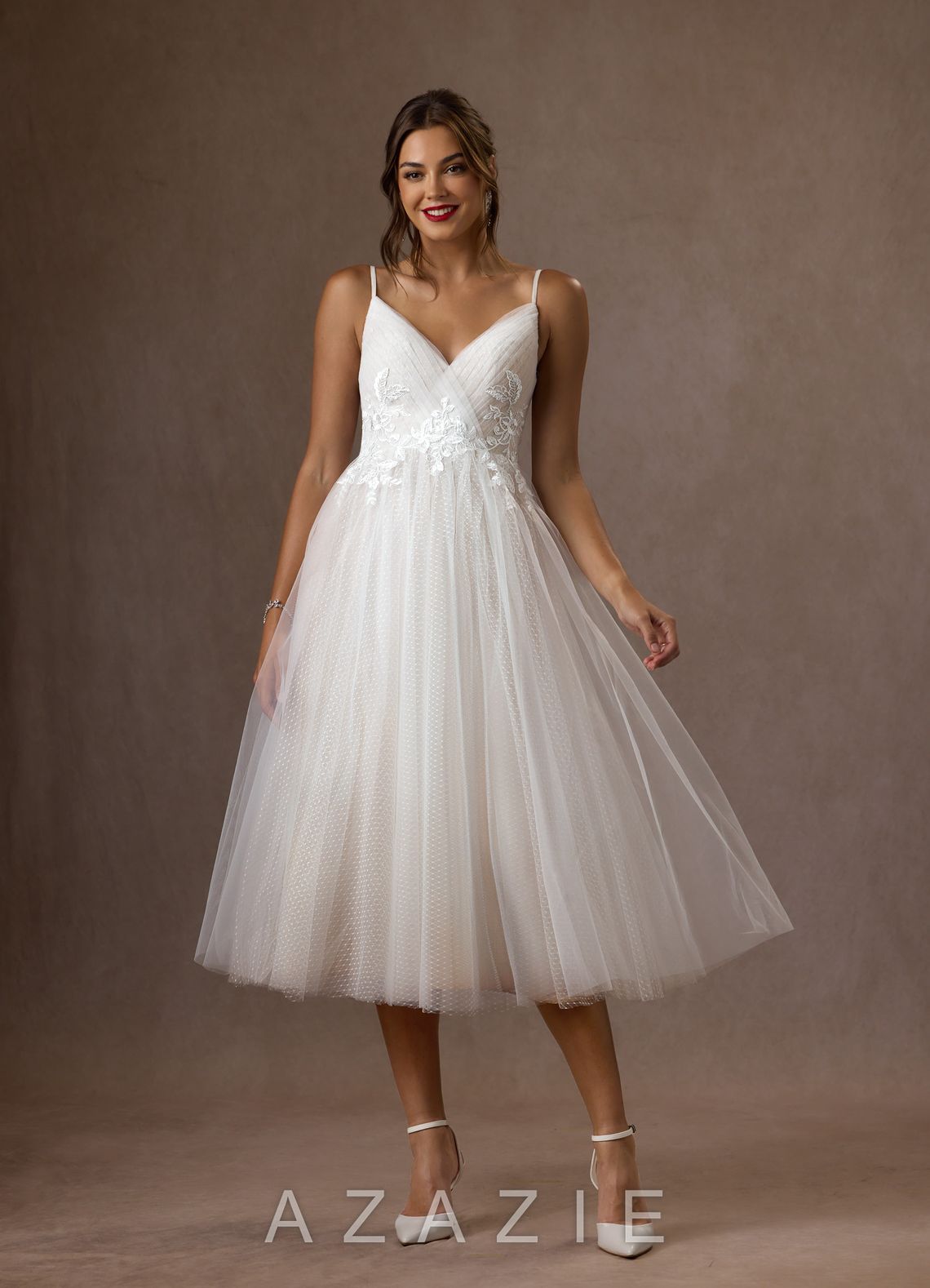 Azazie Liana Wedding Dress Diamond White A-Line V-Neck Sequins Tulle Dress