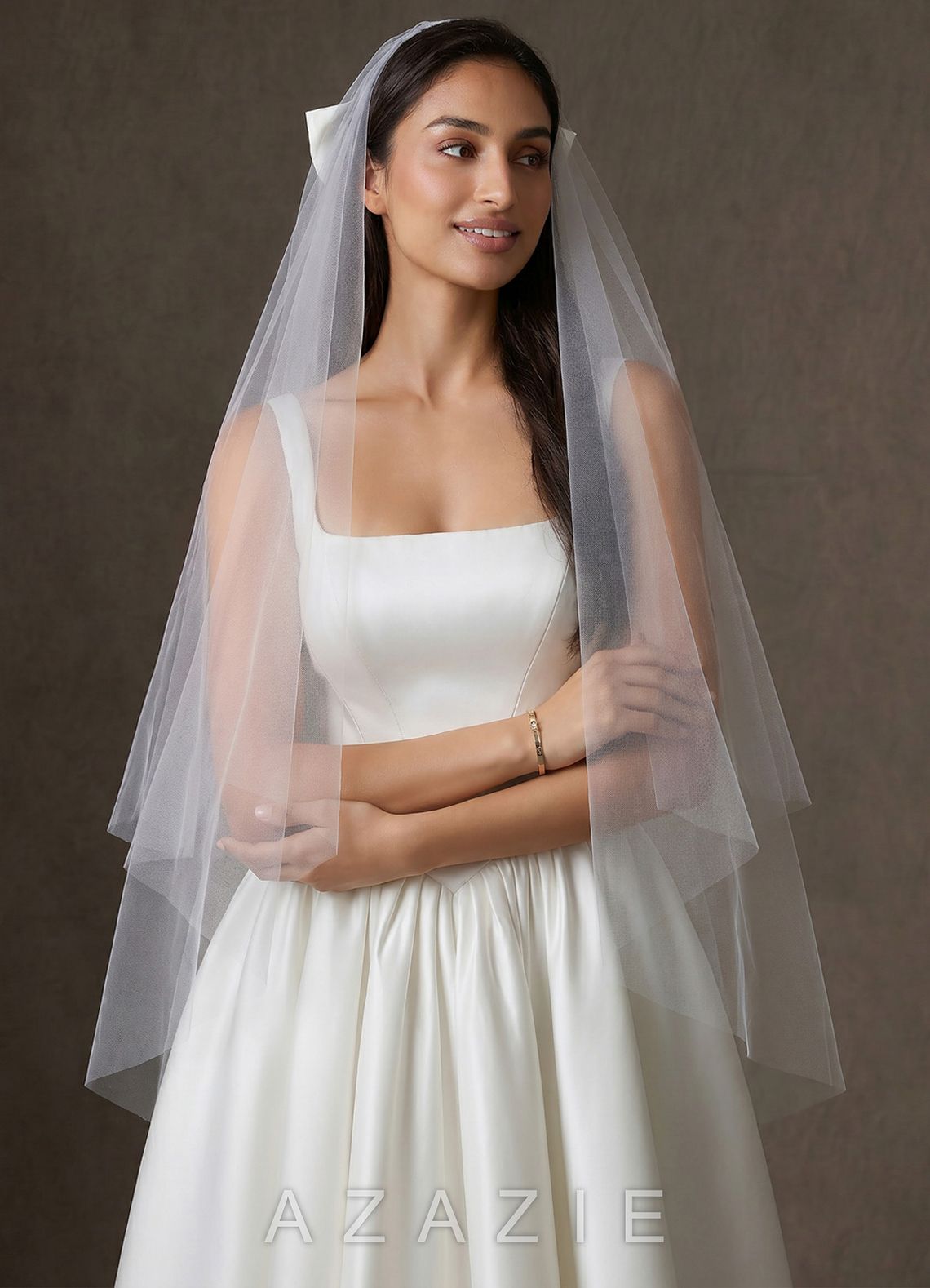 Satin Bow Hip Length Veil with Blusher  diamond_white