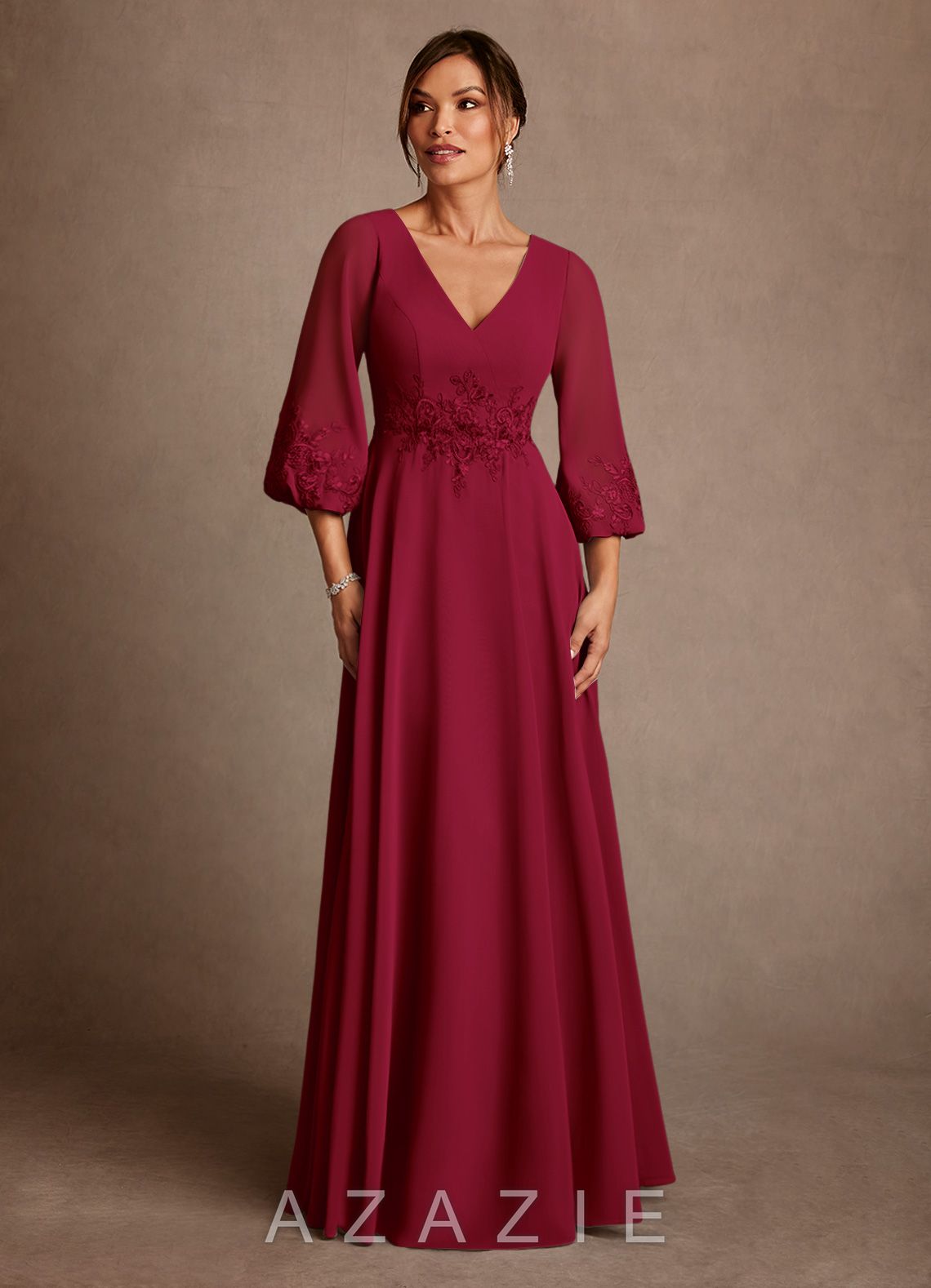Azazie Yorba Burgundy A-Line Lace Chiffon Dress