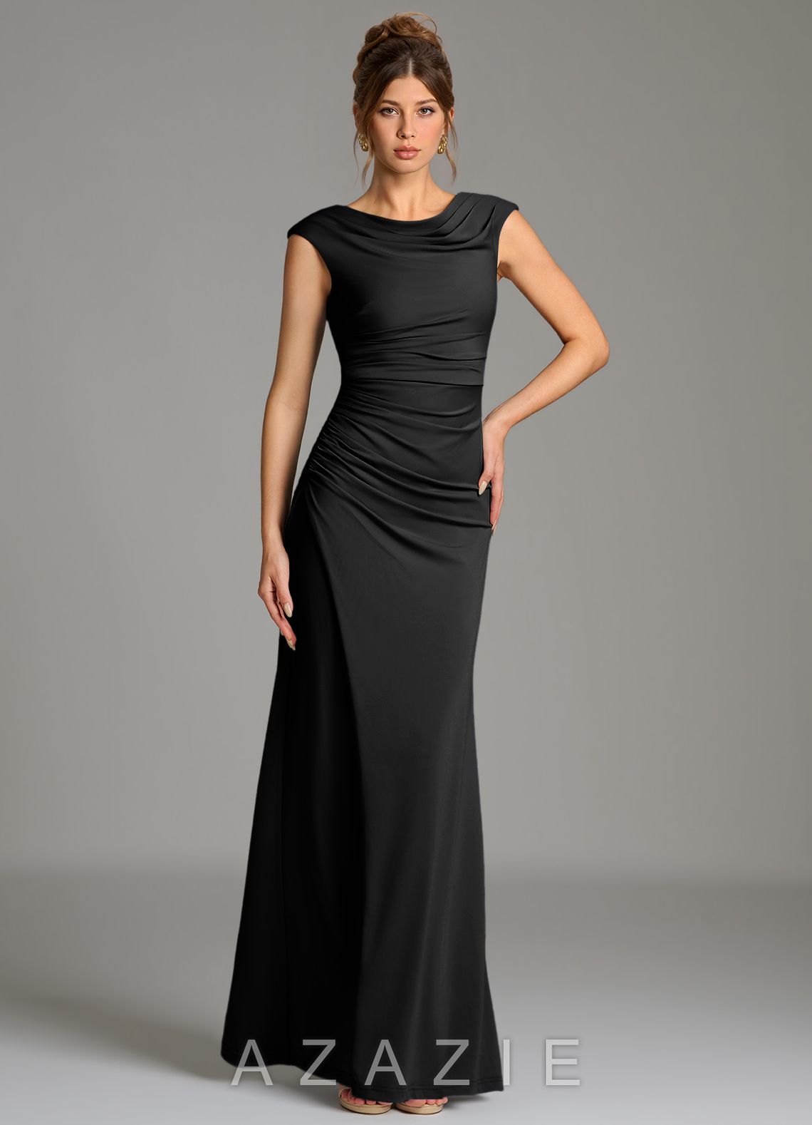 Azazie Chantal Black Mermaid Pleated Premium Stretch Jersey Dress black