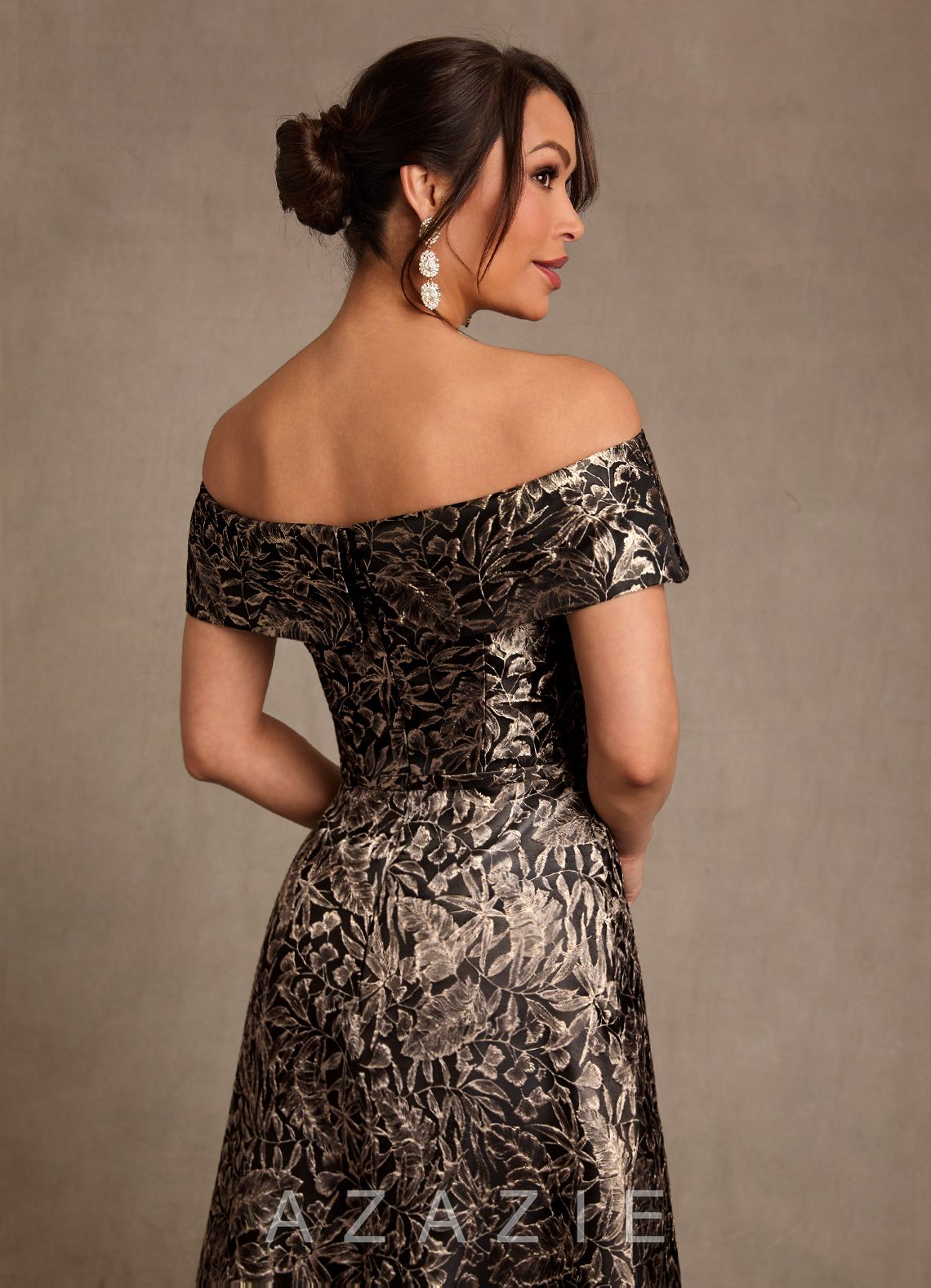 Azazie Jossie Ebony Gold Jacquard A-Line Off the Shoulder Jacquard Dress ebony_gold_jacquard