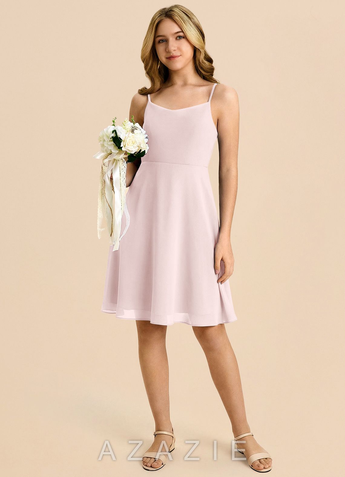 Azazie Shale Junior Blushing Pink A-Line Bow Chiffon Dress blushing_pink