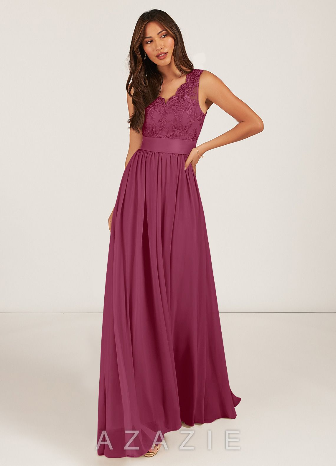 Azazie Gertrude Mulberry A-Line Lace Chiffon Dress