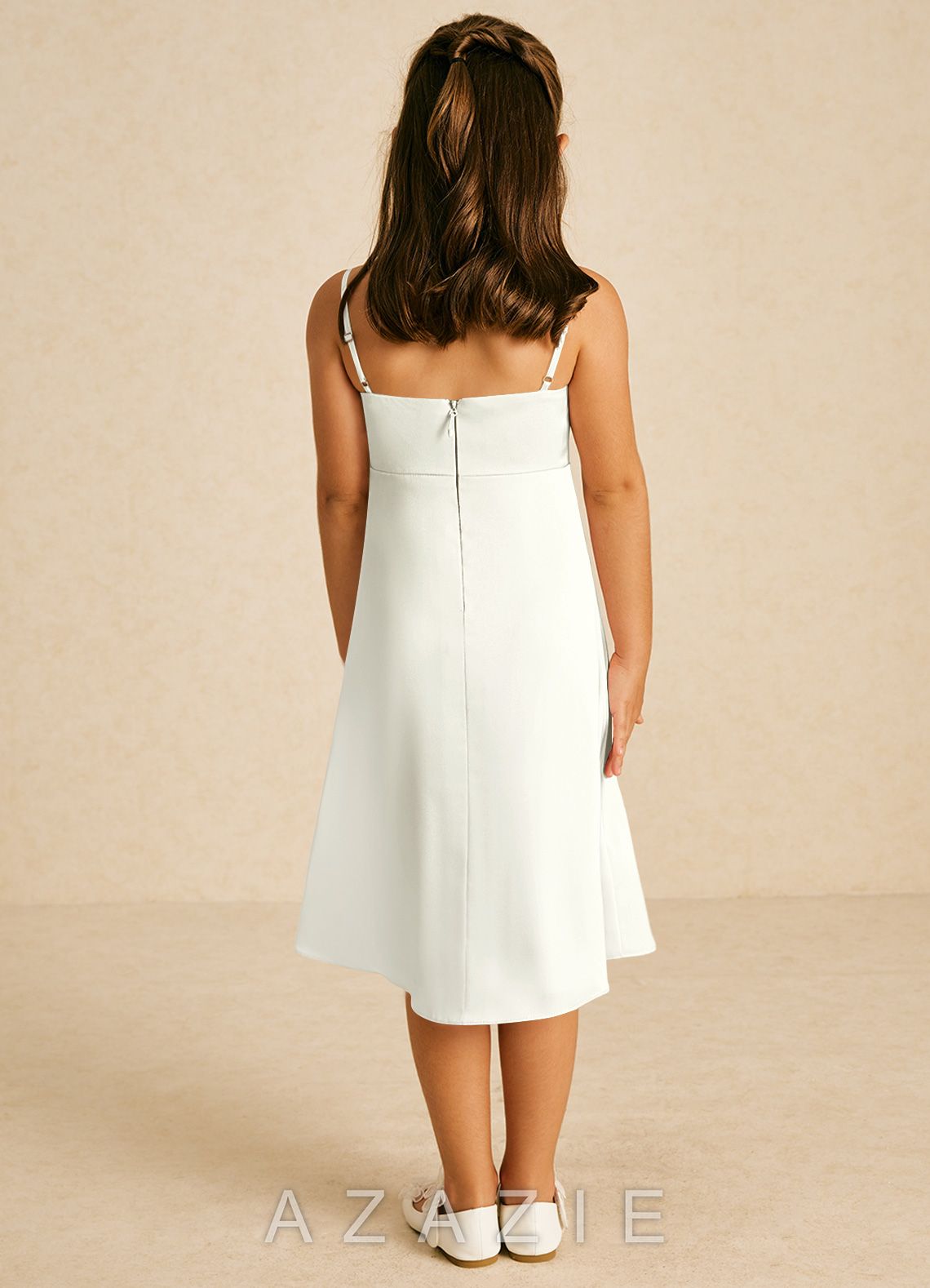Azazie Zuzu Ivory A-Line Spaghetti Strap Stretch Satin Dress ivory
