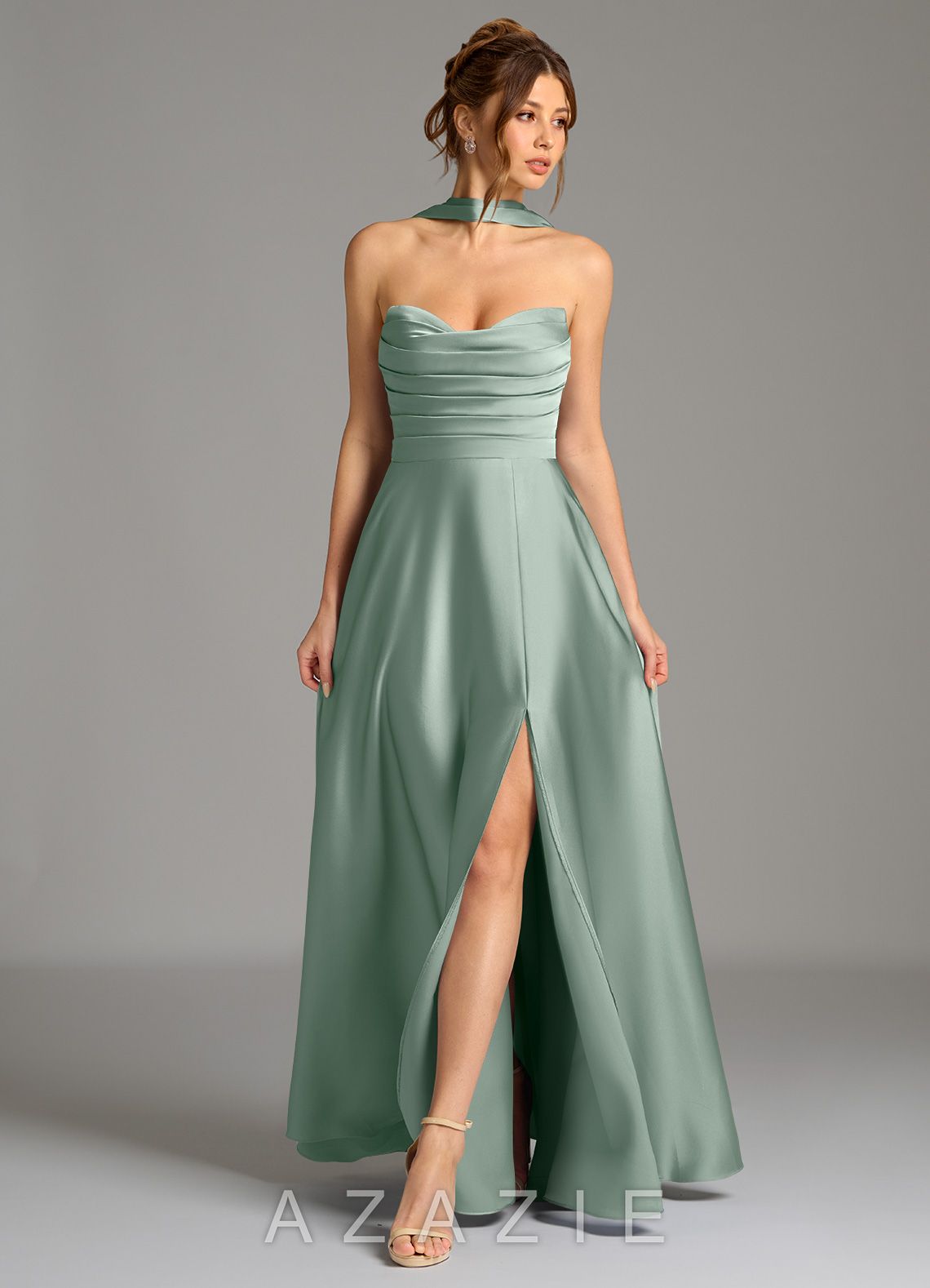 Azazie Ayla Agave A-Line Corset Stretch Satin Dress