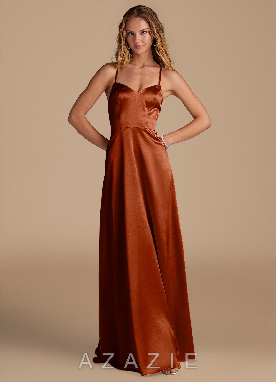 Azazie Mei Auburn A-Line Sweetheart Neckline Metallic Satin Dress
