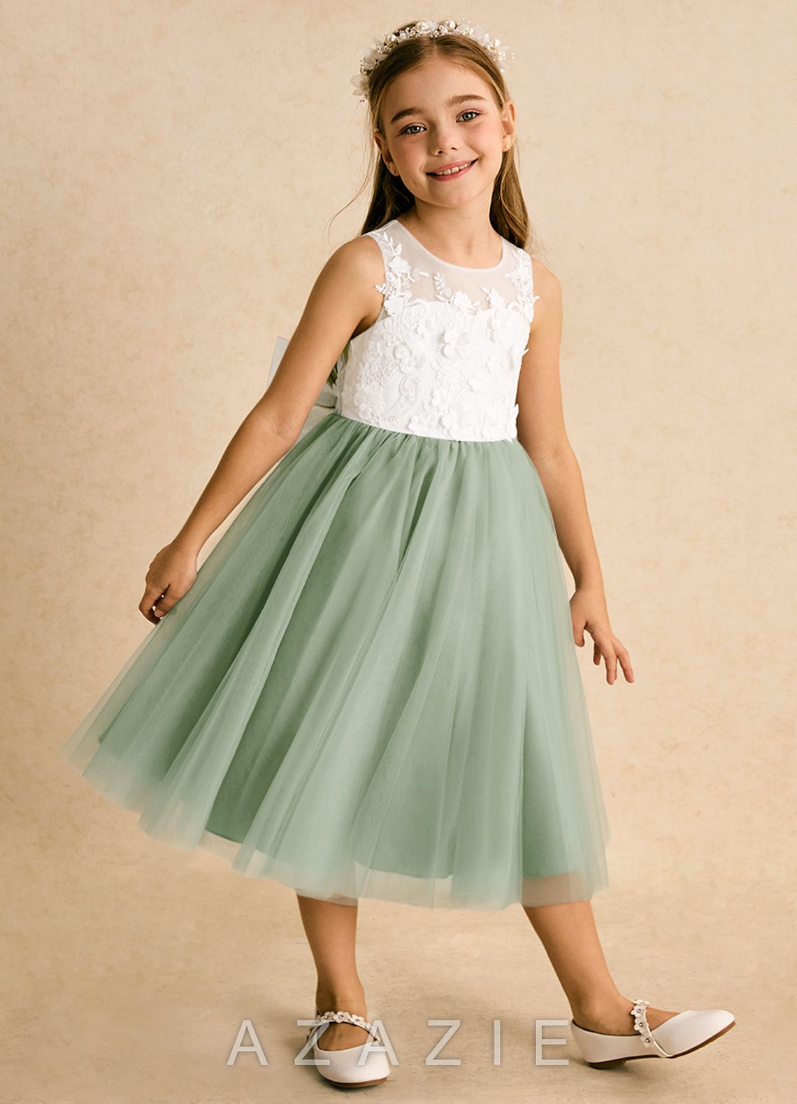 Azazie Lina Ivory Dusty Sage Ball-Gown Lace Dress ivory/dusty_sage