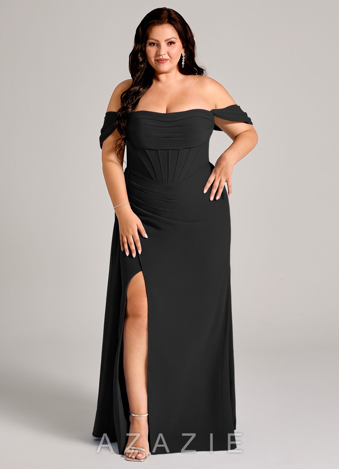 Azazie Amyra Black Sheath Off the Shoulder Chiffon Convertible Dress black