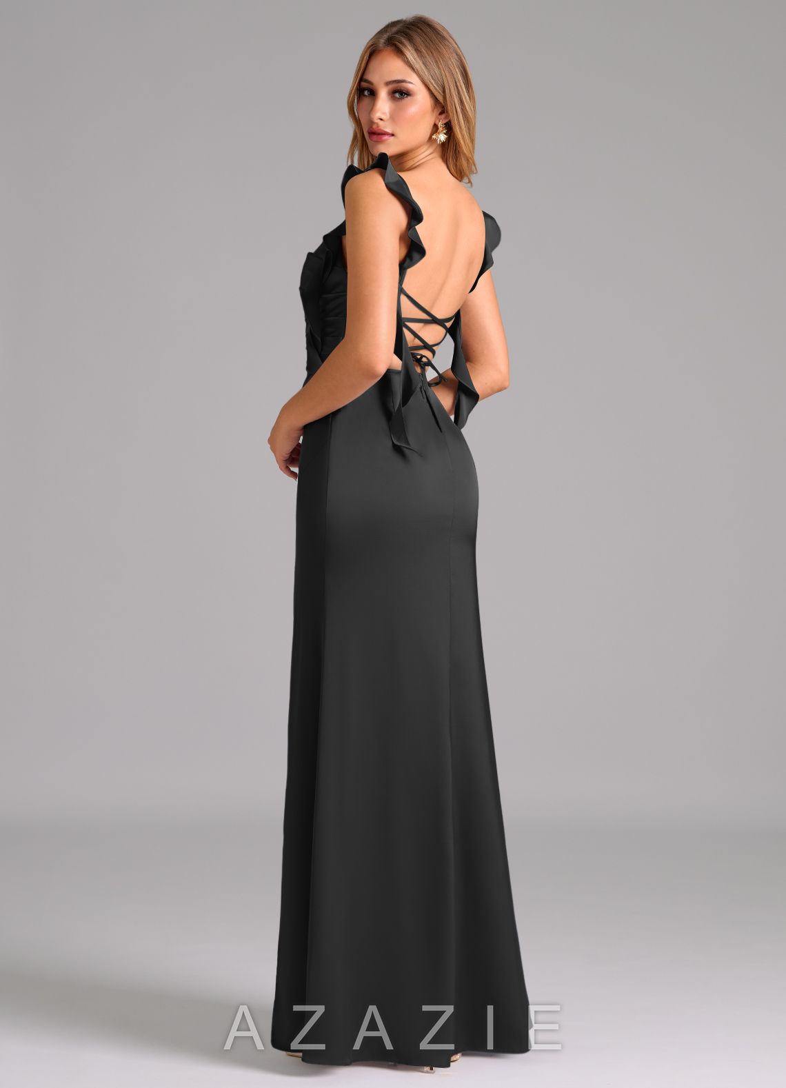 Azazie Jessamine Black Sheath Corset Stretch Satin Dress black