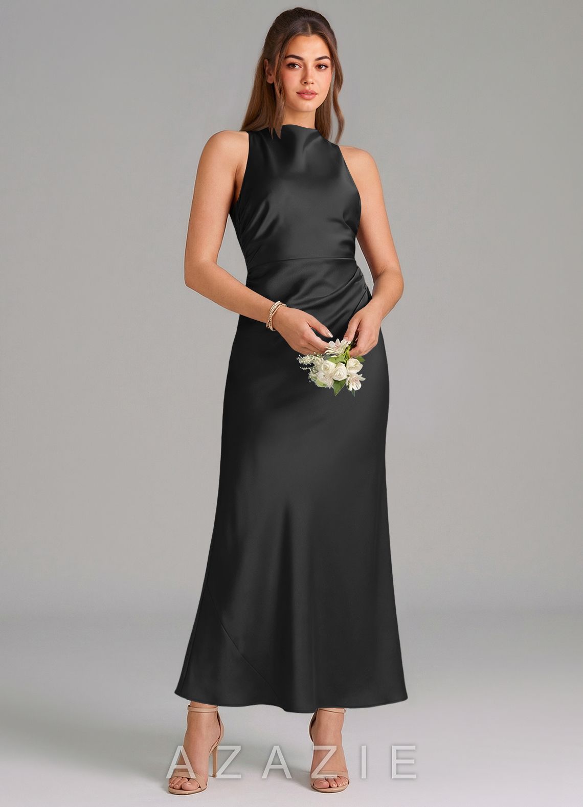 Azazie Evadne Black Sheath Pleated Stretch Satin Dress black