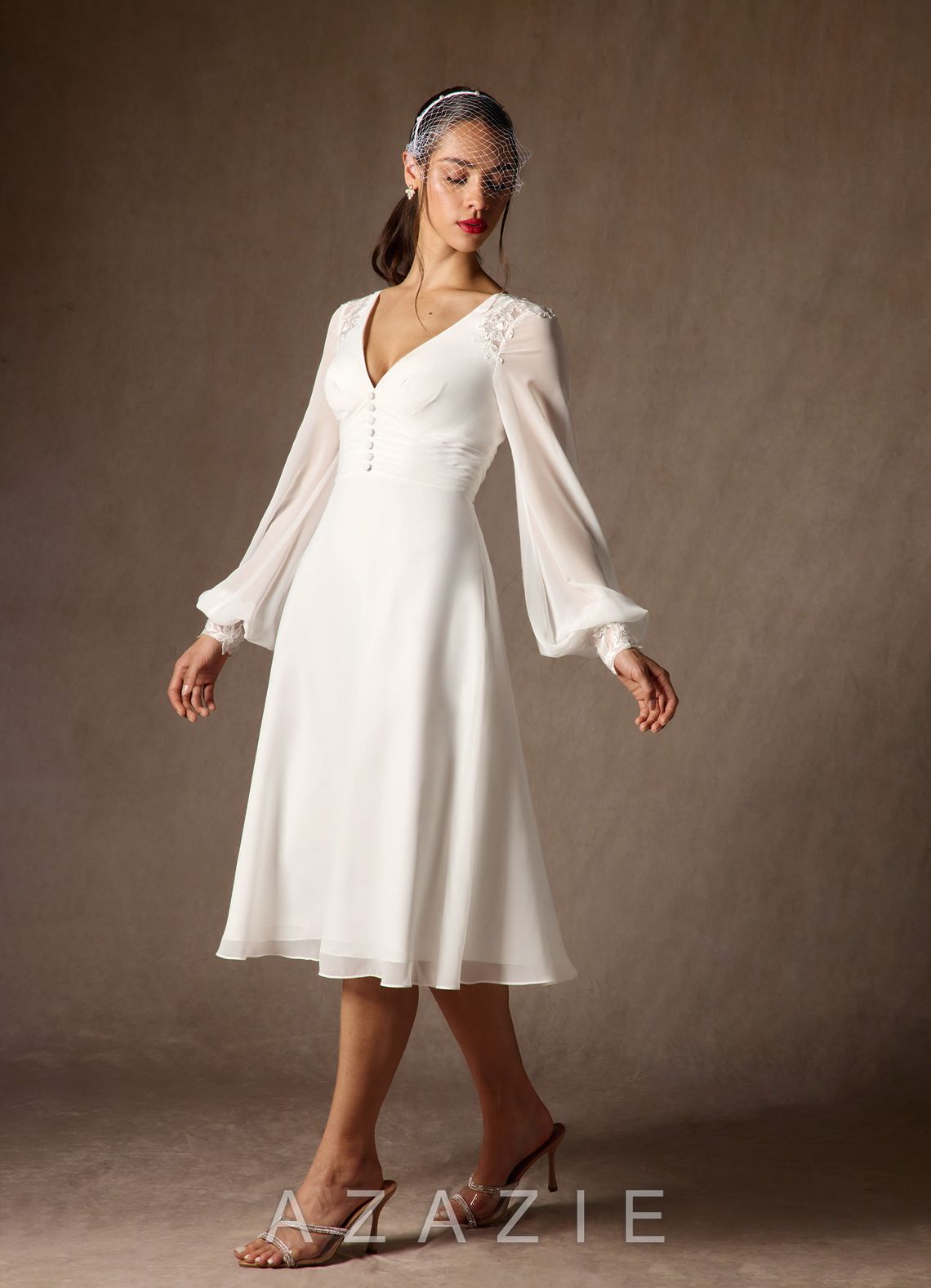 Azazie Amila Wedding Dress Diamond White A-Line V-Neck Lace Chiffon Dress
