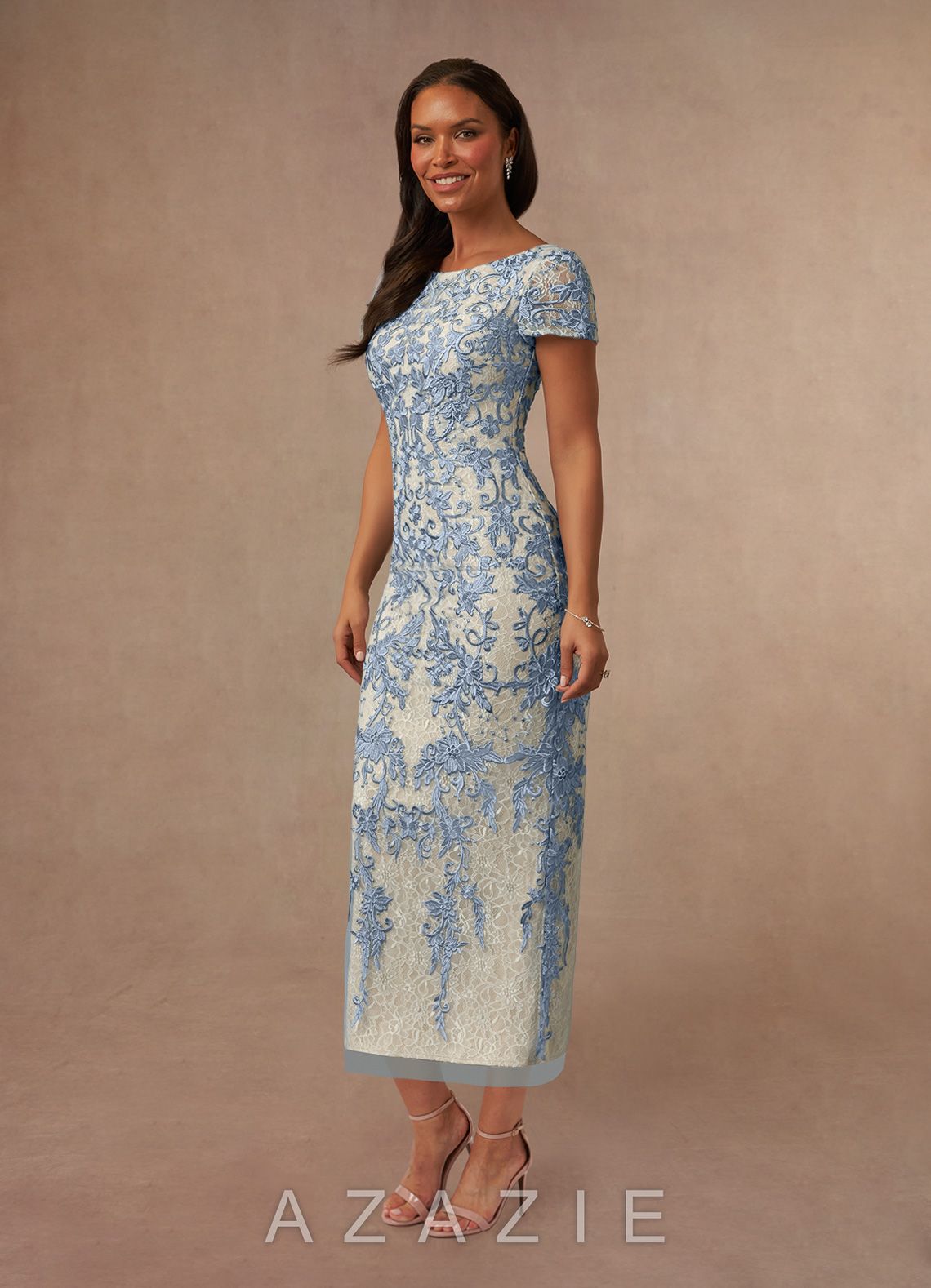 Azazie Alyssum Dusty Blue Sheath Scoop Lace Dress dusty_blue