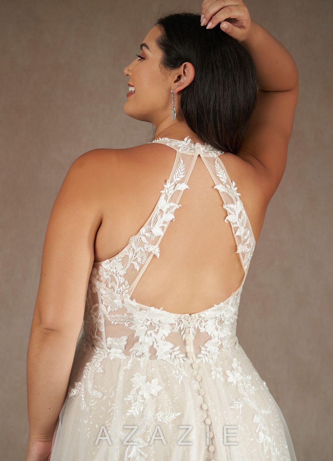 Azazie Dysis Wedding Dress Diamond White Champagne A-Line Halter Sequins Tulle Dress diamond_white/champagne