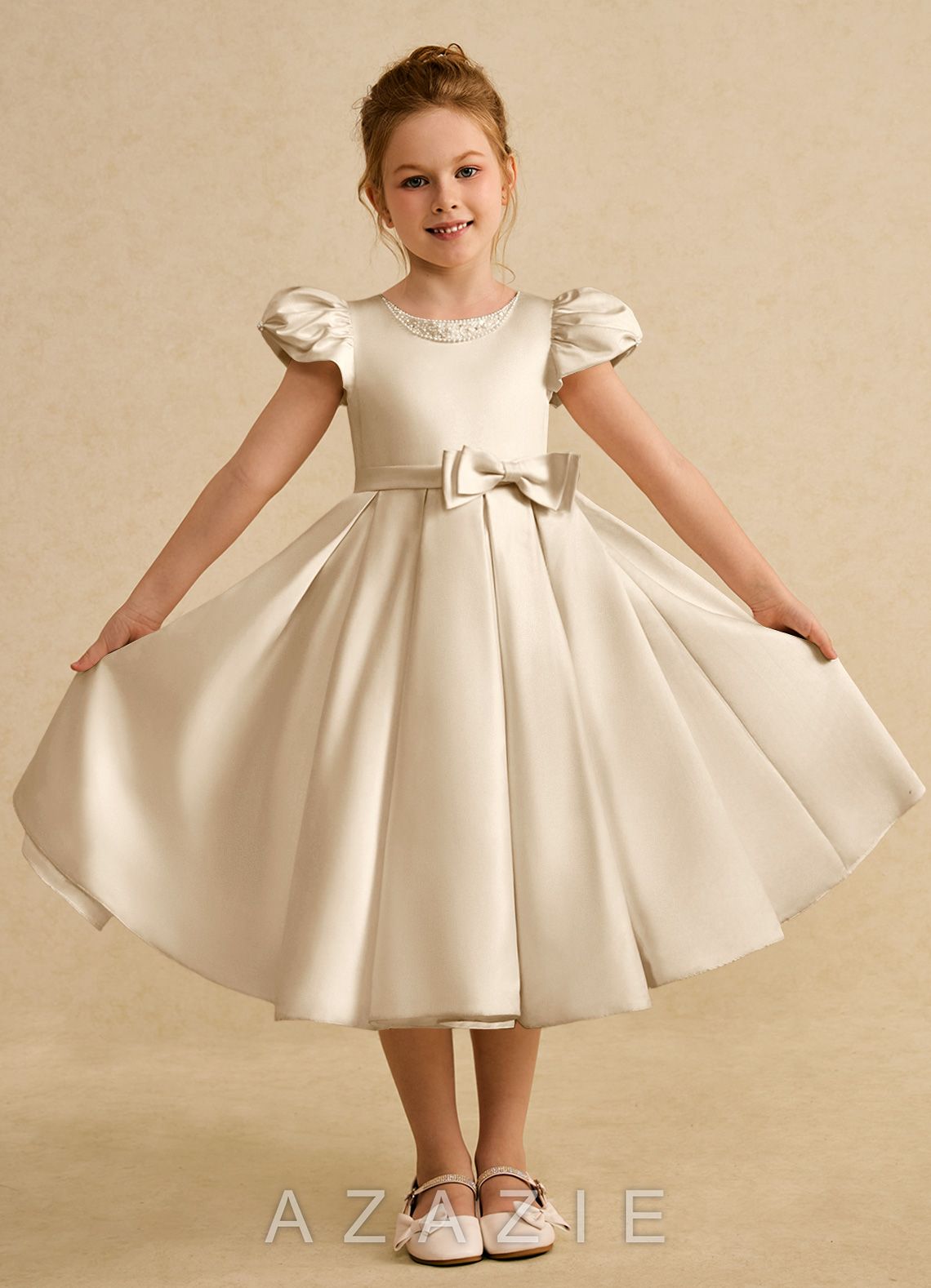 Azazie Pearl Champagne Ball-Gown Pleated Matte Satin Dress champagne