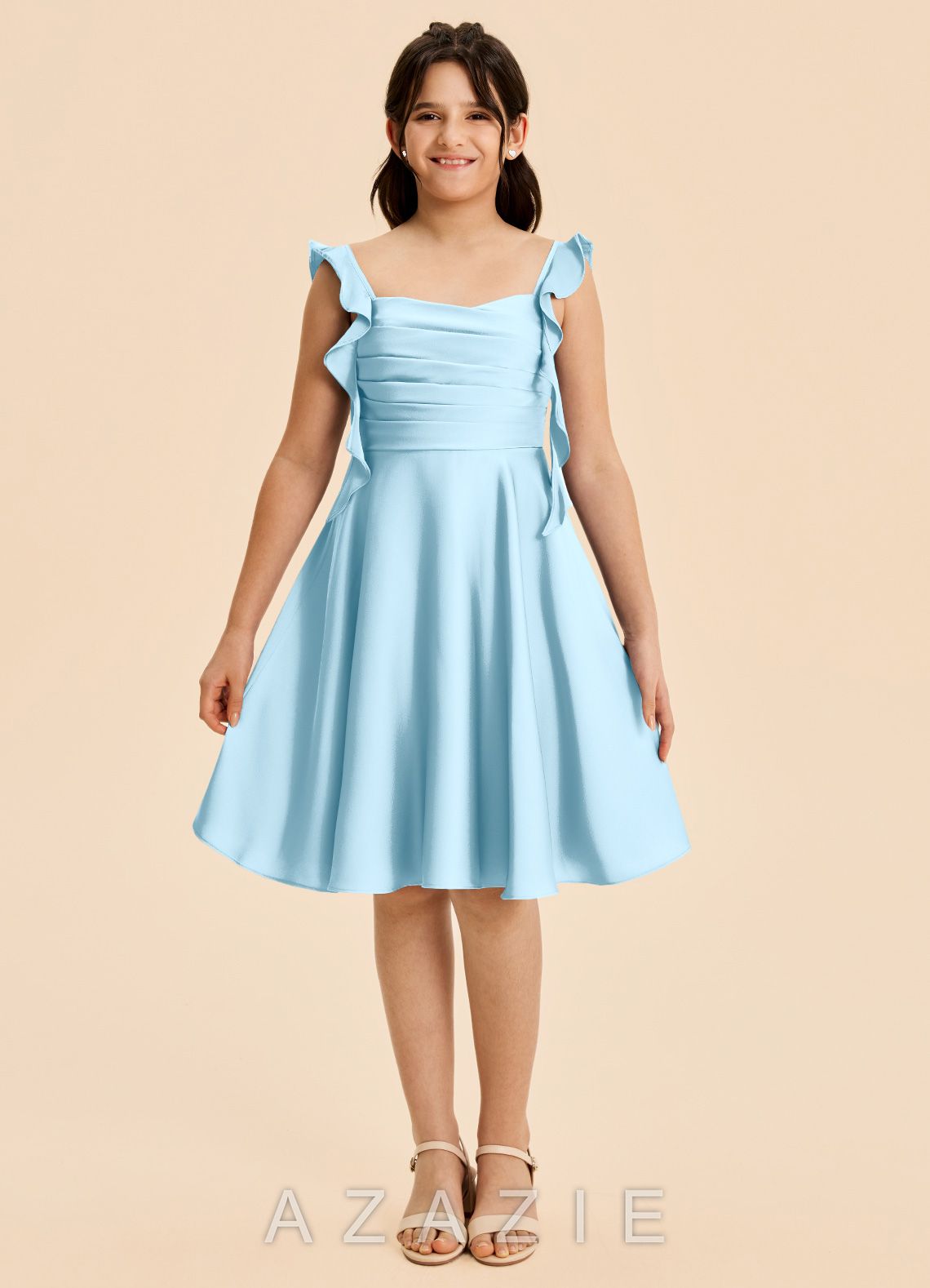 Azazie Kira Junior Sky Blue A-Line Ruched Stretch Satin Dress sky_blue