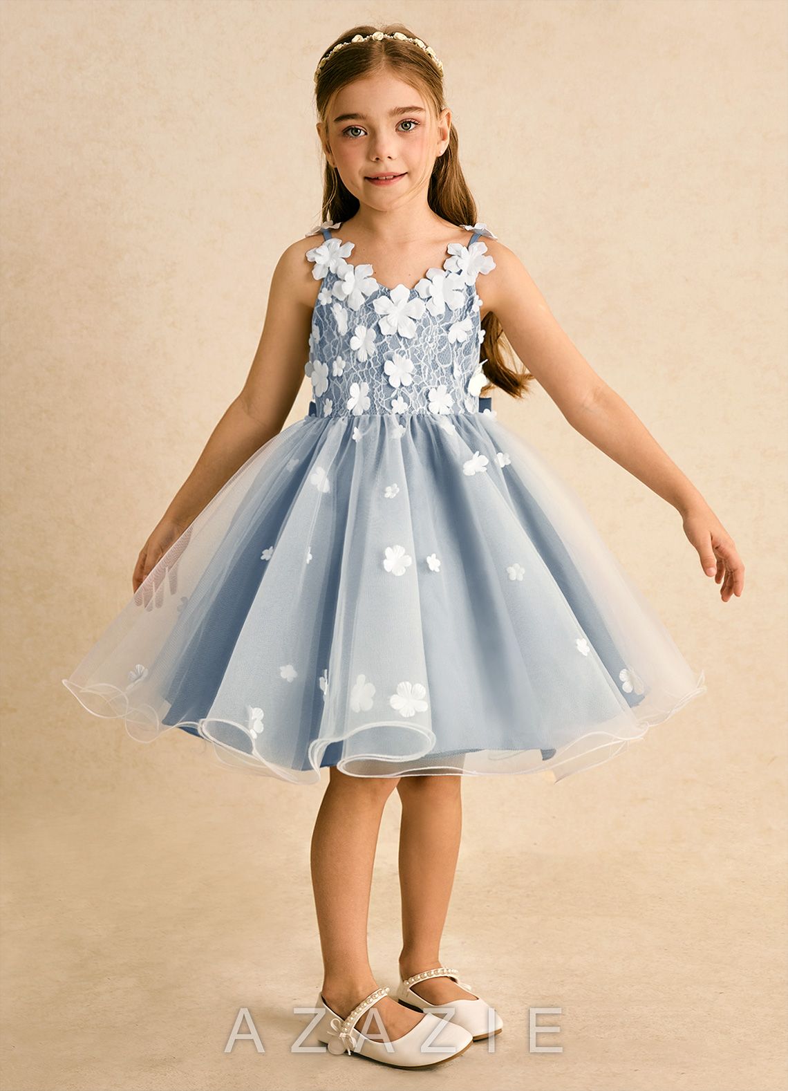 Azazie Junebug Ivory Dusty Blue Ball-Gown Lace Tulle Dress ivory/dusty_blue
